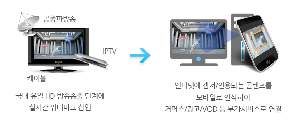 공중파방송·케이블·IPTV : 국내 유일 HD 방송송출 단계에 실시간 워터마크 삽입 → 인터넷에 캡쳐/인용되는 콘텐츠를 모바일로 인식하여 커머스/광고/VOD 등 부가서비스로 연결